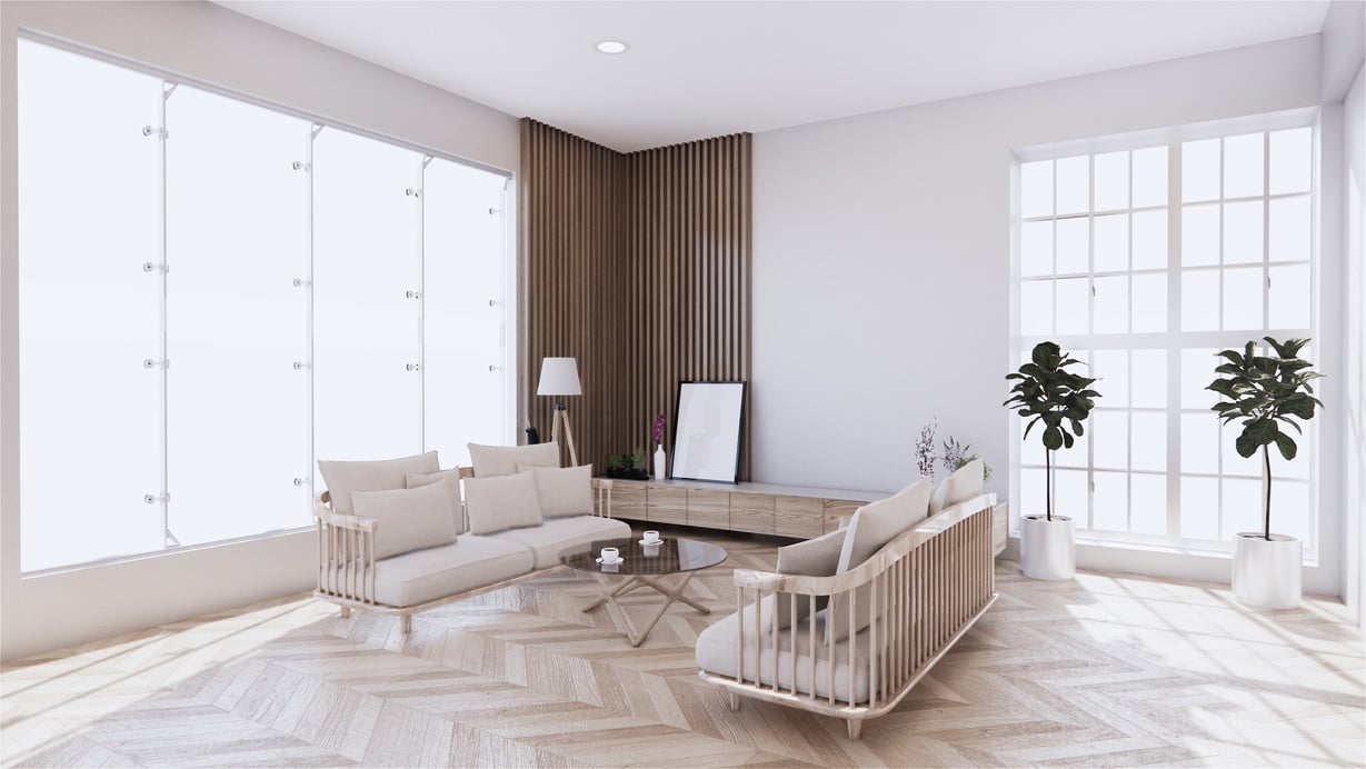 White Living Room with White Sofas and Wooden Accent Wall